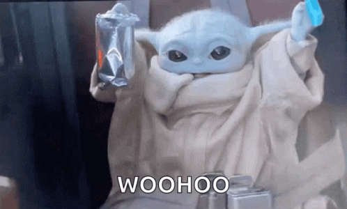 Animated meme of Baby Yoda cheering Woohoo