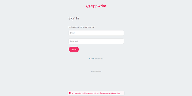 Appwrite Sign In page with email and password fields on local server