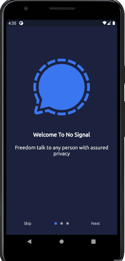 Animated demo of the No Signal app welcome screen running on a phone
