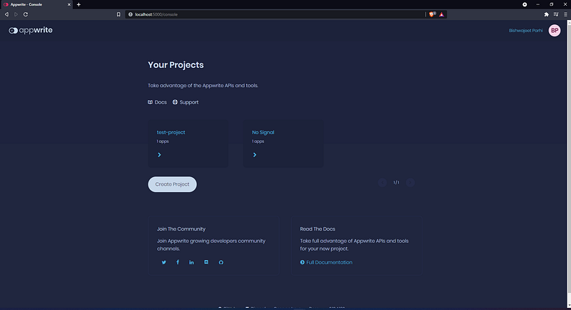 Appwrite console Your Projects dashboard listing projects and a Create Project button