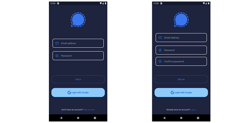 No Signal login and signup screens with email, password and Login with Google buttons