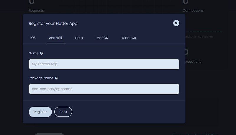 Register your Flutter App dialog on the Android tab with Name and Package Name fields