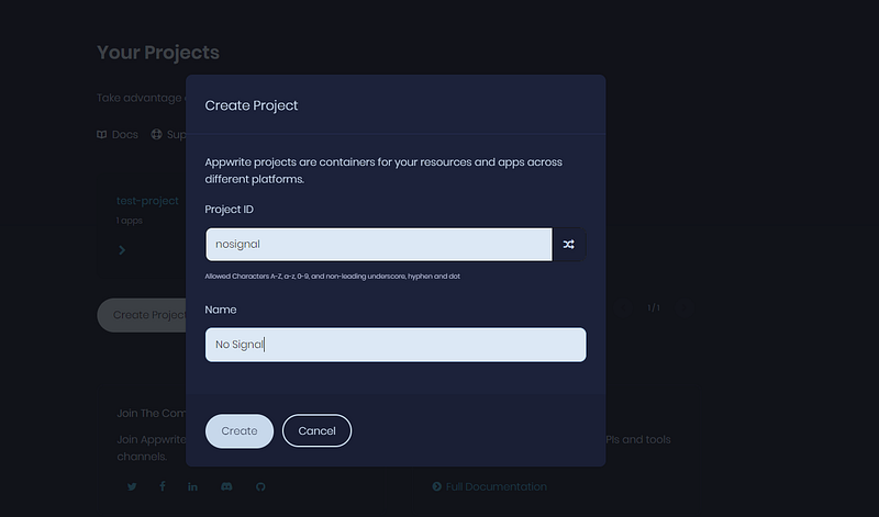 Appwrite Create Project dialog with Project ID nosignal and Name No Signal