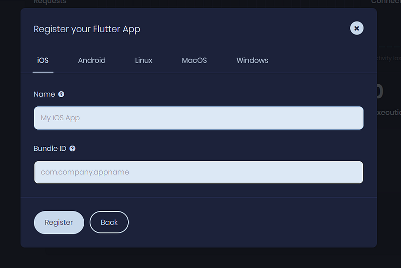 Register your Flutter App dialog on the iOS tab with Name and Bundle ID fields