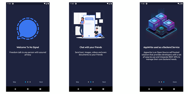 Three No Signal onboarding screens: welcome, chat with friends, and Appwrite backend