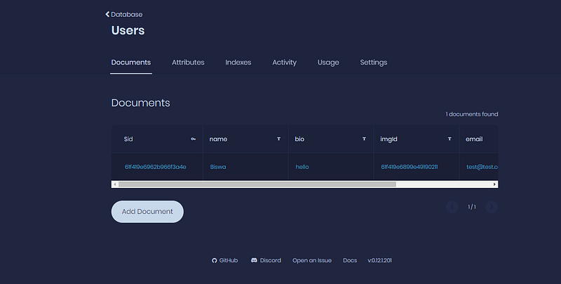 Users collection showing one document with name, bio, imgId and email