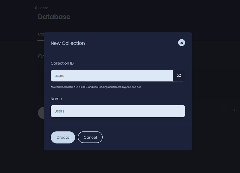 New Collection dialog with users collection ID and Users name