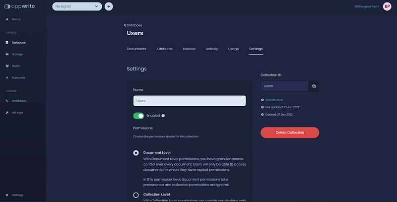 Users collection settings page showing permissions options