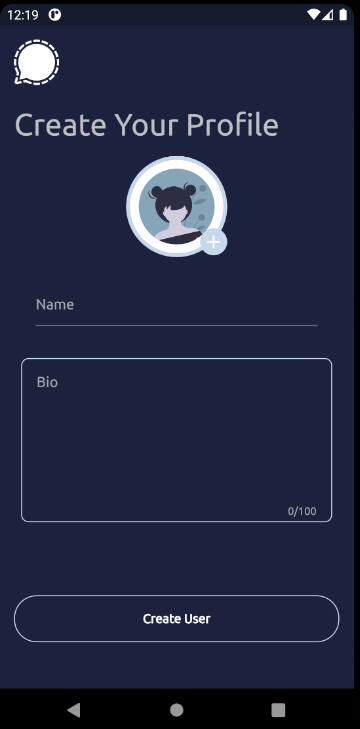 No Signal Create Your Profile screen with avatar, name and bio fields