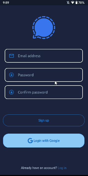 Animated demo of the No Signal sign up screen with email and password fields