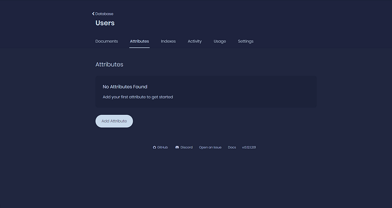 Users collection Attributes tab with no attributes yet and Add Attribute button