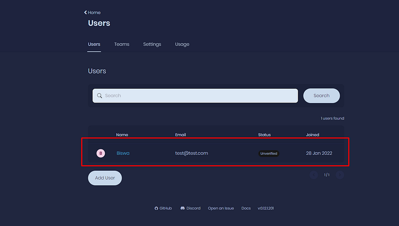 Appwrite Users page listing the unverified test user Biswa