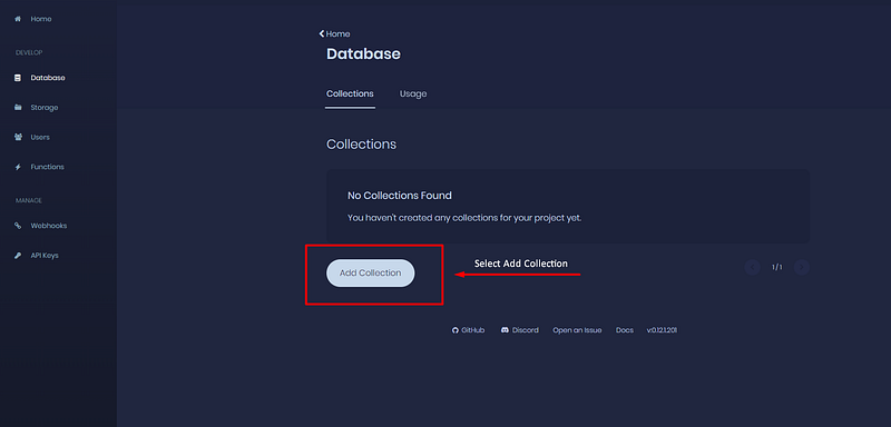 Appwrite Database page highlighting the Add Collection button