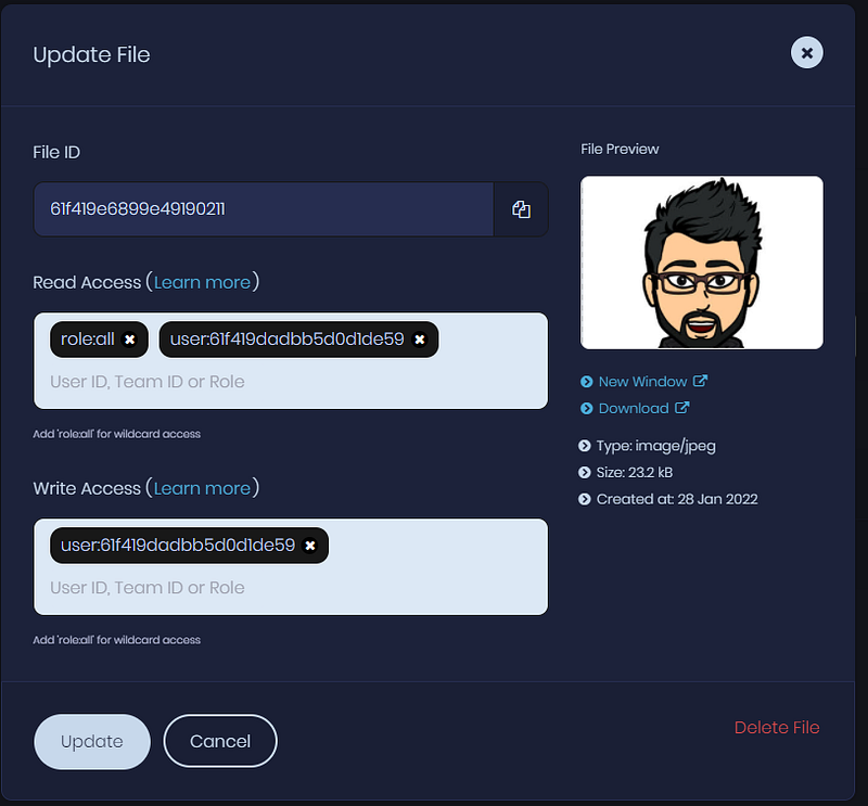 Appwrite Update File dialog showing read and write access roles for the image
