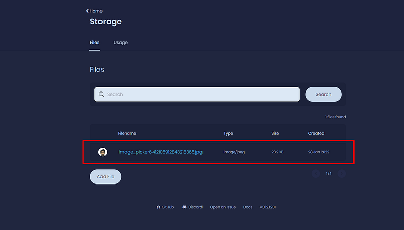 Appwrite Storage page showing the uploaded profile picture file