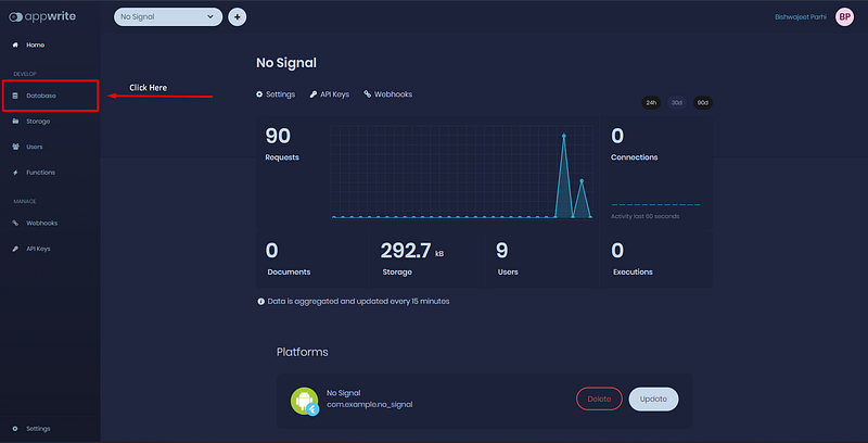 Appwrite dashboard with an arrow pointing to the Database menu item