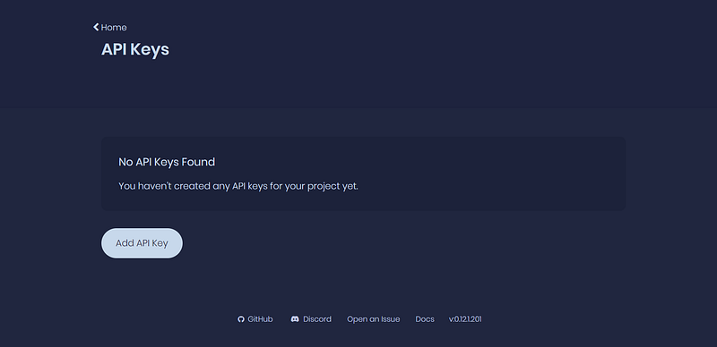 Appwrite console API Keys page showing no API keys found and Add API Key button