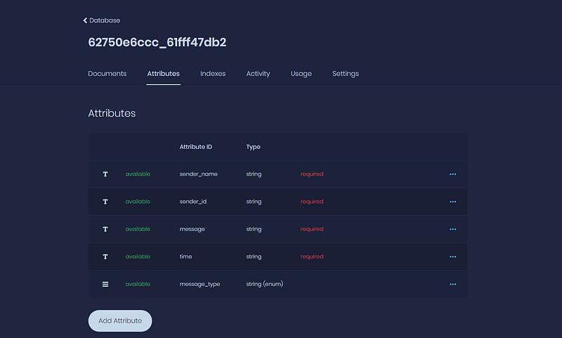 Collection attributes showing sender_name, sender_id, message, time and message_type