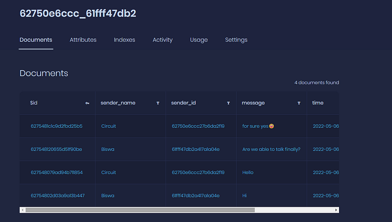 Appwrite documents view listing chat messages between Biswa and Circuit in the collection