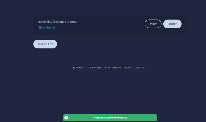 Created serverSide API key with Show Secret link and success toast notification