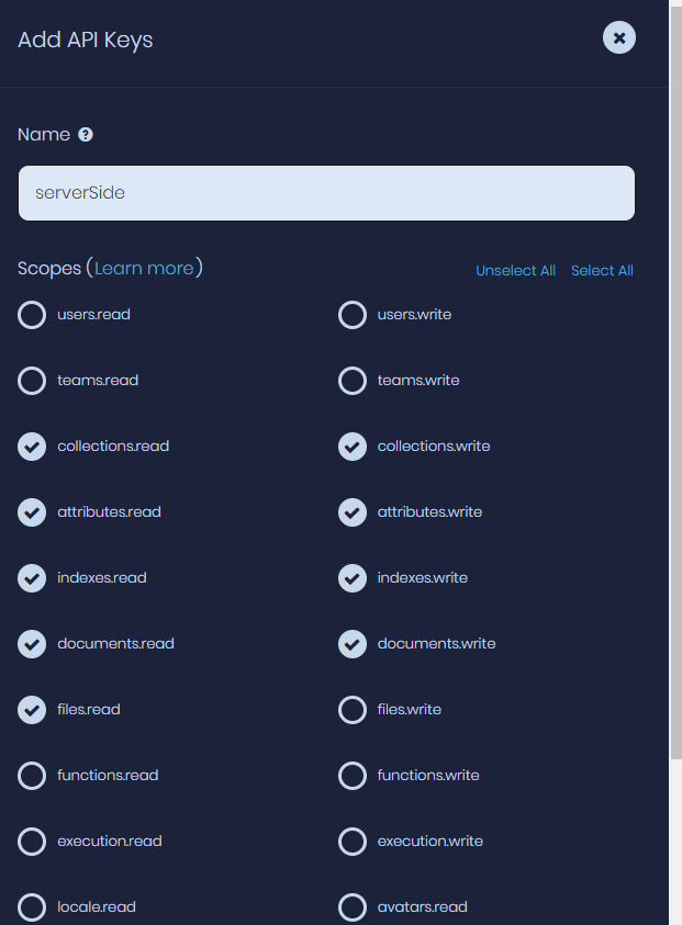 Add API Keys form named serverSide with collections, attributes and documents scopes selected