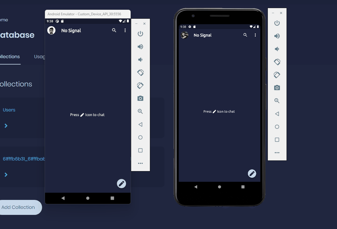 Two Android emulators side by side exchanging chat messages in realtime