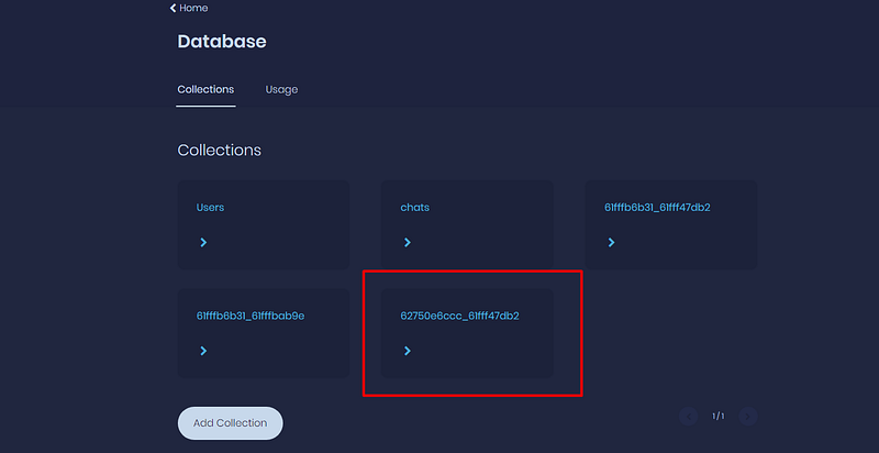 Appwrite database collections list with the newly created chat collection highlighted
