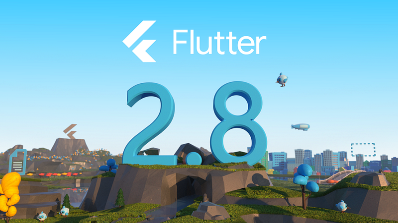 Flutter 2.8 release announcement art over a 3D low-poly landscape