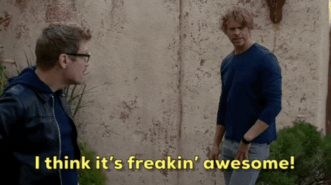 Two men chatting, one saying it's freakin awesome, a reaction GIF
