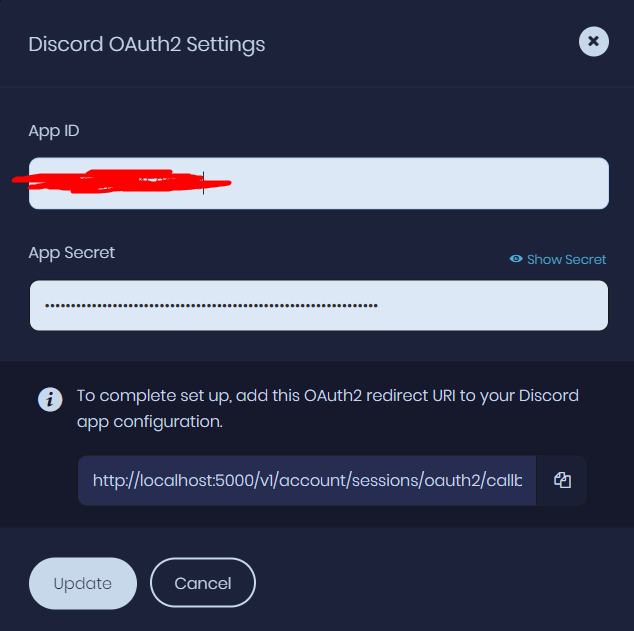 Appwrite Discord OAuth2 settings dialog with App ID, secret and redirect URI