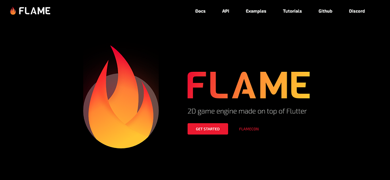 Flame engine homepage with its flame logo and Get Started button