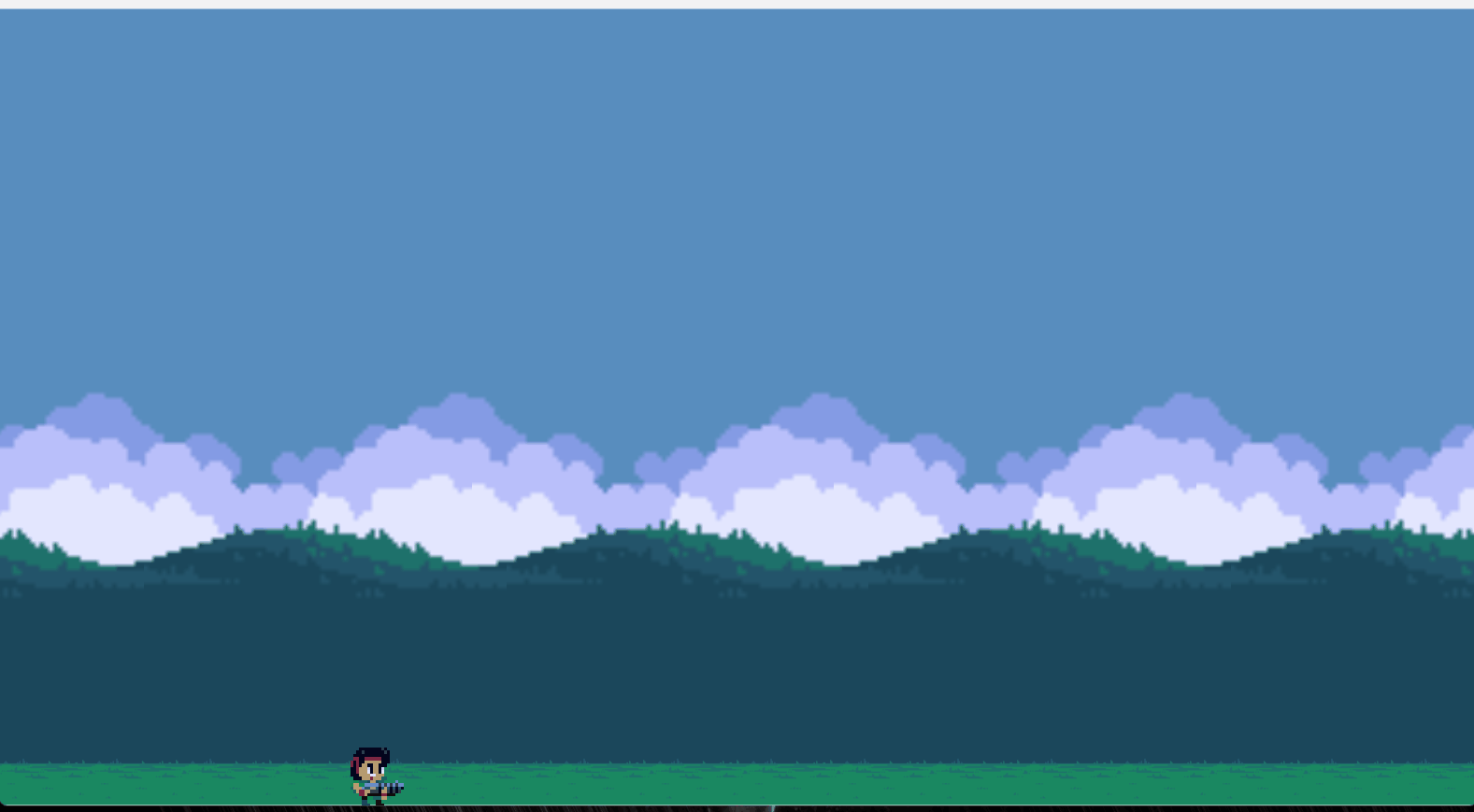 Animated player character standing on the ground in the parallax game scene