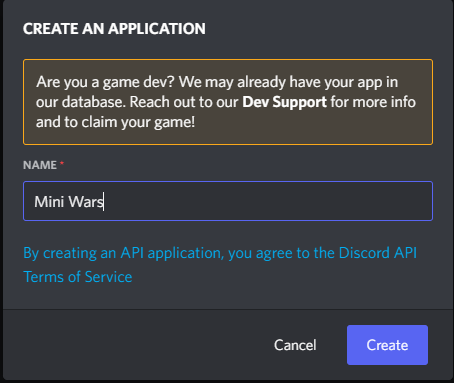 Discord Create an Application dialog with the name Mini Wars entered