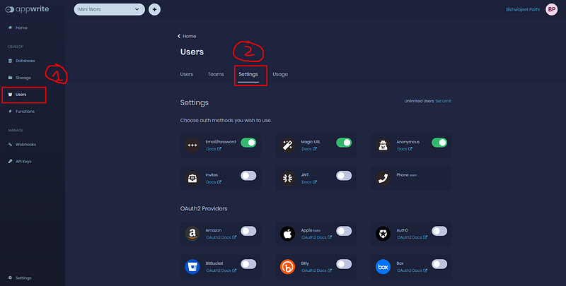 Appwrite dashboard Users Settings tab listing auth methods and OAuth2 providers