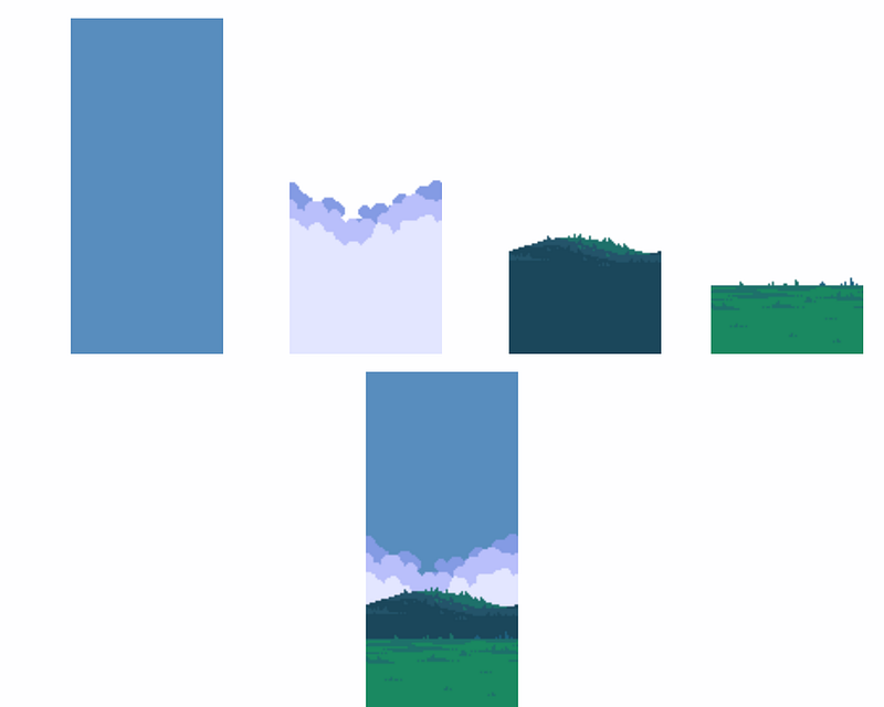 Four layered parallax background strips combining into a sky and hills scene