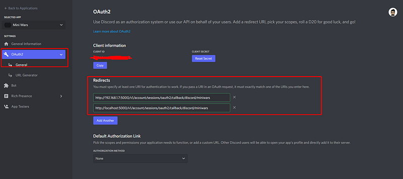 Discord OAuth2 general page adding the Appwrite redirect URIs