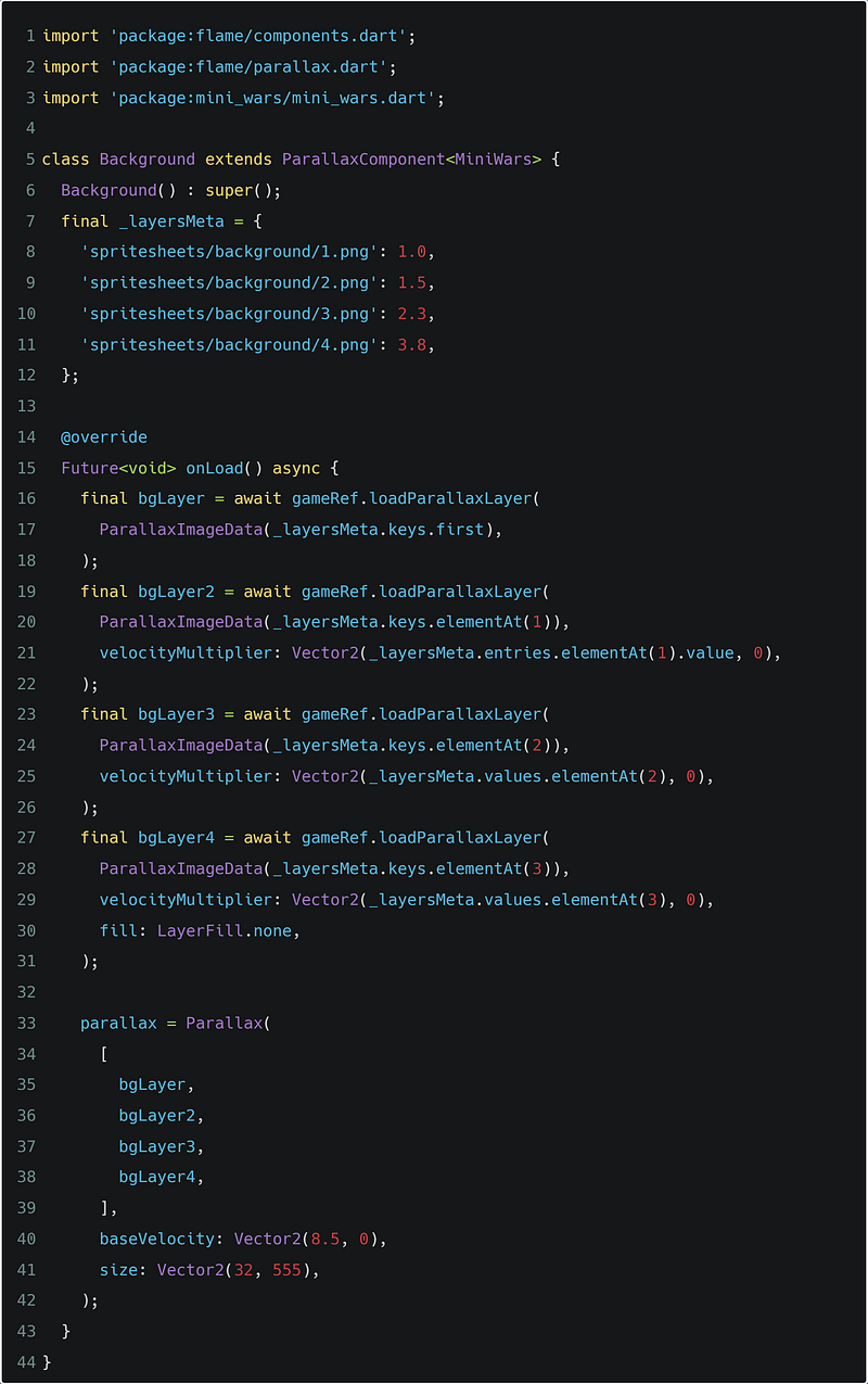 background_component.dart loading four parallax layers into a ParallaxComponent