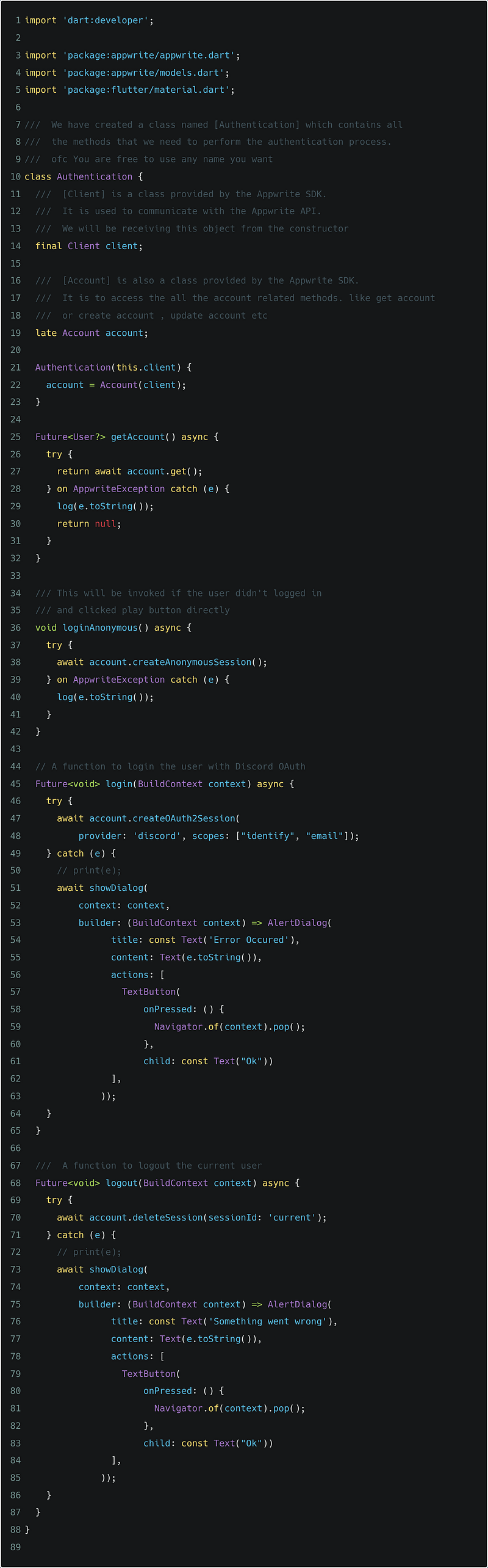 Authentication class with getAccount, login and logout methods using Appwrite