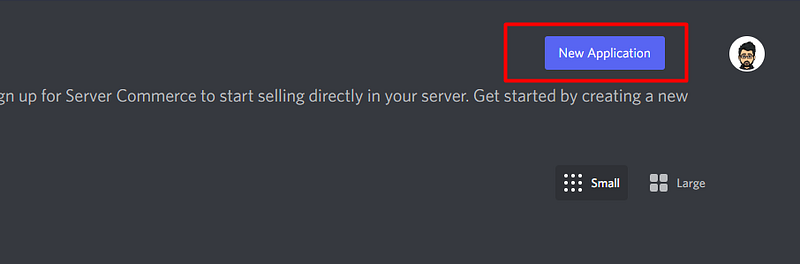 Discord developer portal with the New Application button highlighted