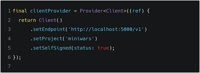 client.dart defining an Appwrite Client provider with endpoint and project