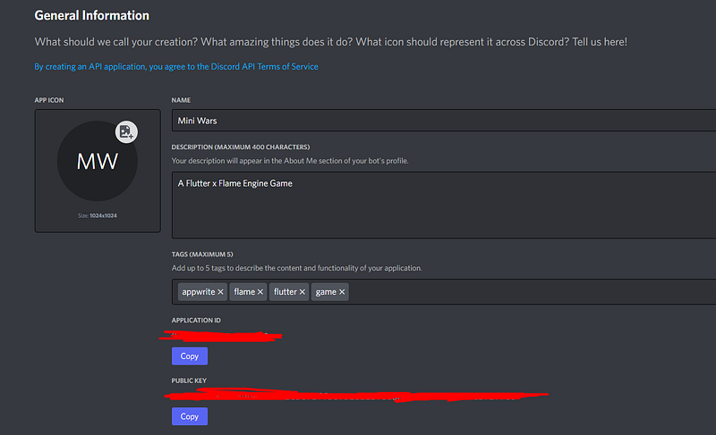 Discord app General Information page showing Application ID and Public Key fields
