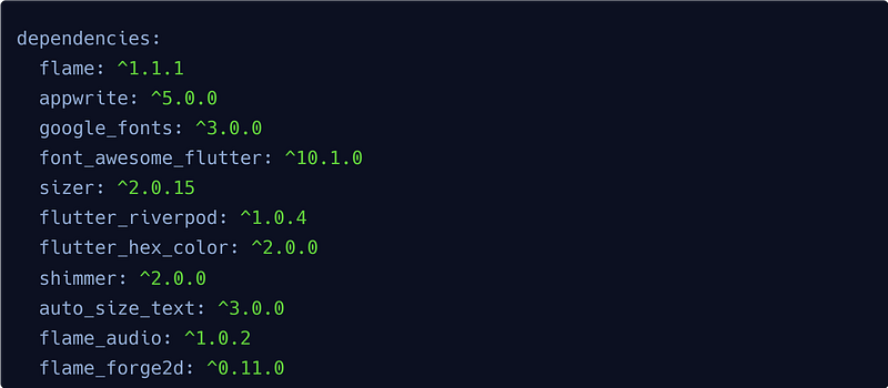 pubspec dependencies list including flame, appwrite, flutter_riverpod and flame_forge2d