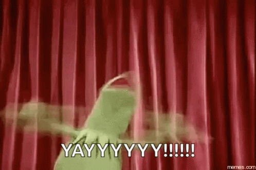 Animated Kermit the Frog cheering "Yaaay" in celebration
