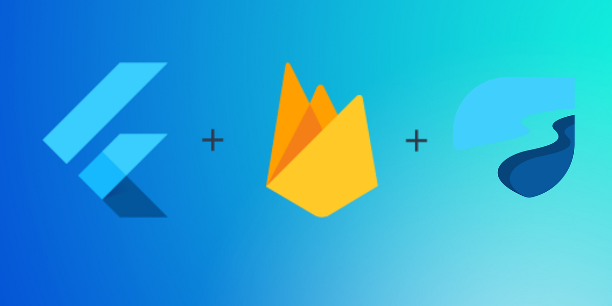 Flutter, Firebase, and Riverpod logos on a blue gradient background