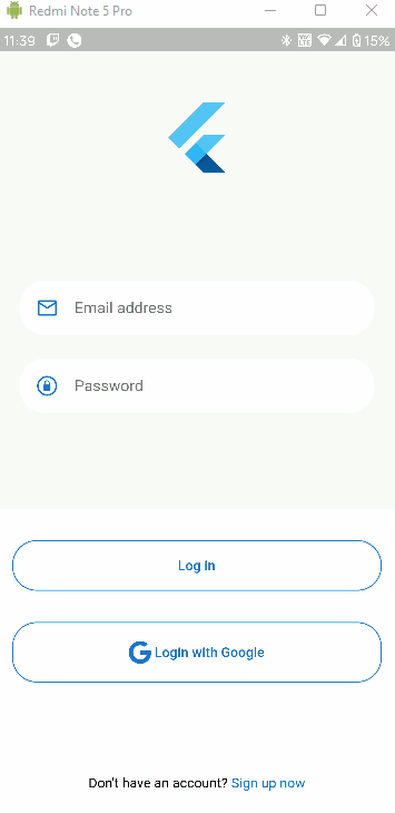 The finished Flutter app running on an Android device showing the login screen in action