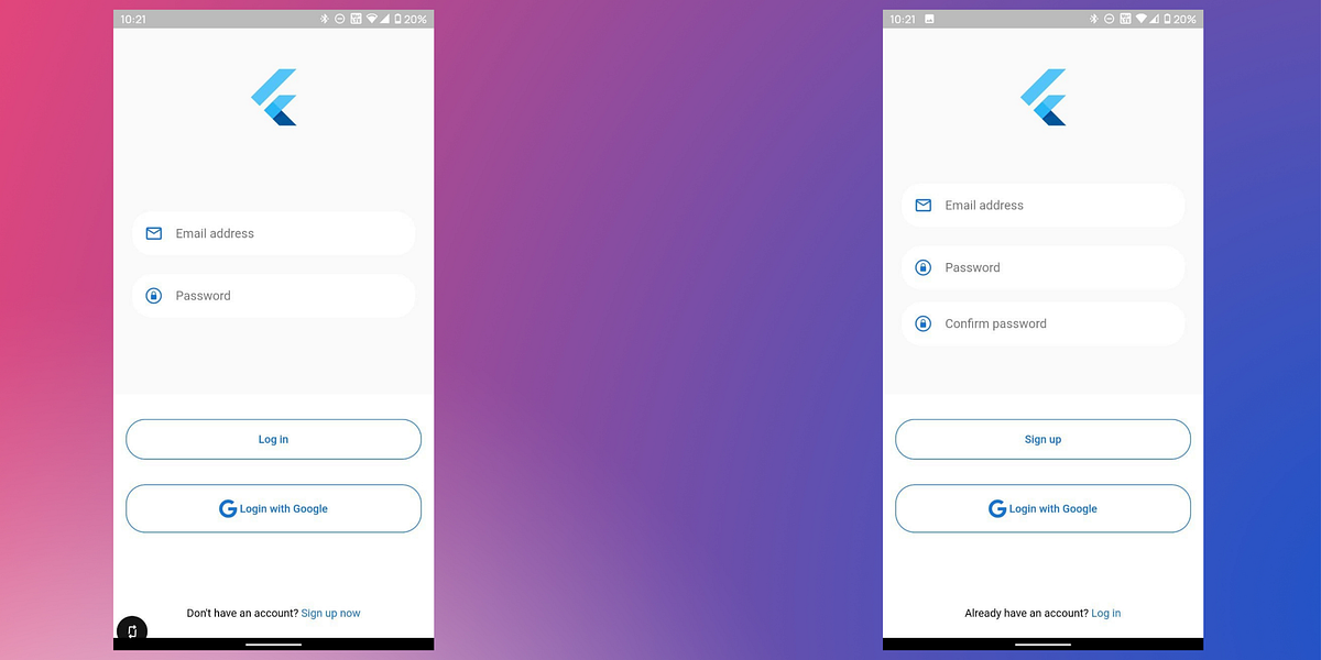 Two Android screens showing the login and sign-up UI with email, password, and Google buttons
