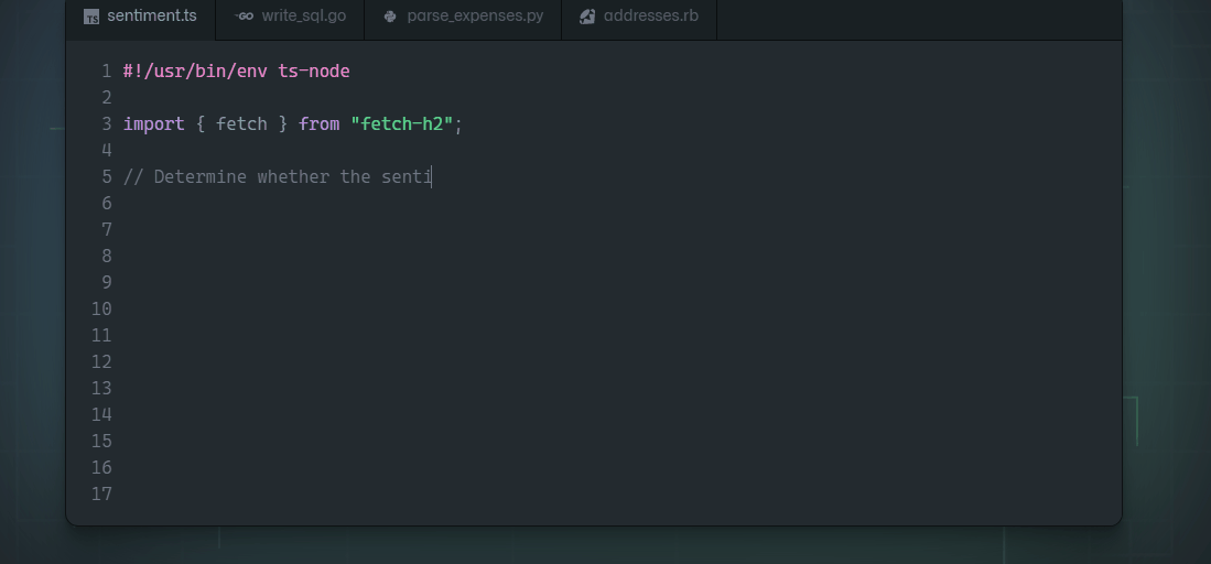 GitHub Copilot demo suggesting code across TypeScript, Go, Python and Ruby files
