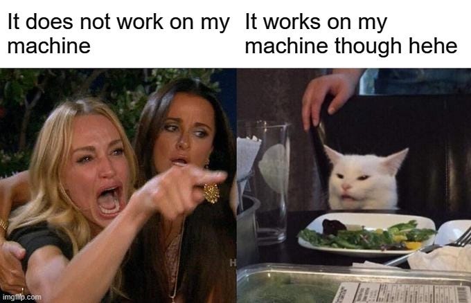 Woman yelling at cat meme: "It does not work on my machine" versus "It works on my machine"