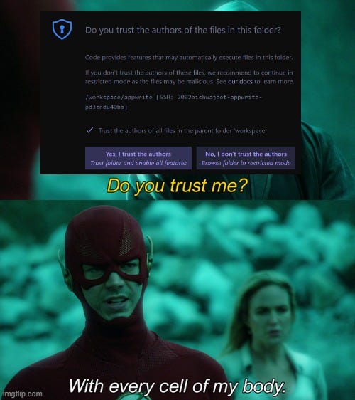 The Flash "Do you trust me?" meme paired with the VS Code trust-the-authors dialog