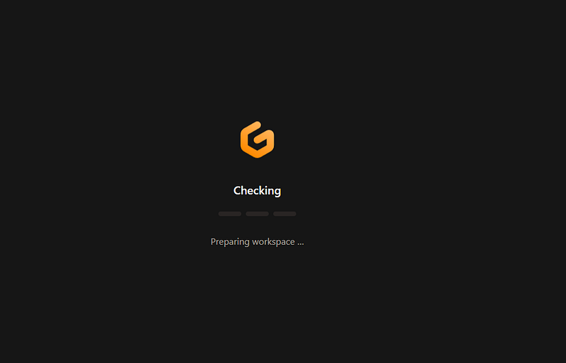 Gitpod loading screen showing "Checking" and "Preparing workspace"